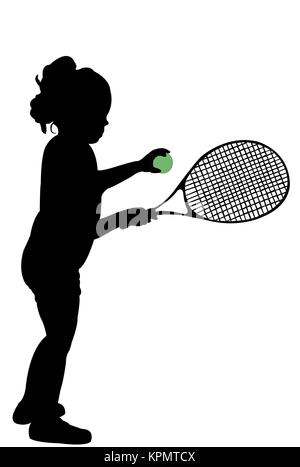 Silhouette d'enfant jouant au tennis Banque D'Images