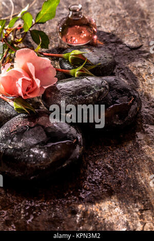 Fleurs rose rose délicate située au-dessus de tas de pierres sur la rivière humide lisse Surface rustique avec de petites bouteilles de verre d'Huile Aromatique essentielle Rose - Zen Spa Still Life with Copy Space Banque D'Images