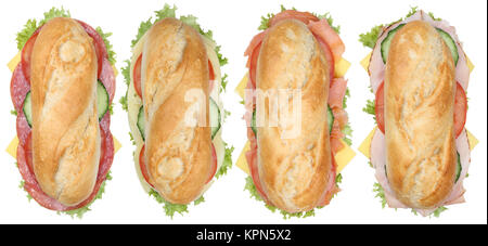 Collage des sandwiches baguettes avec du salami, jambon et fromage coupe supervision Banque D'Images