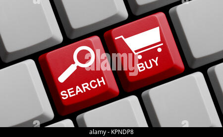 Rote Tastatur mit Symbolen Recherche en ligne acheter und zeigt Banque D'Images