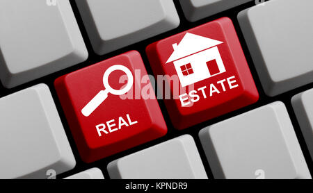 Rote Tastatur mit Symbolen zeigt Online Real Estate Banque D'Images