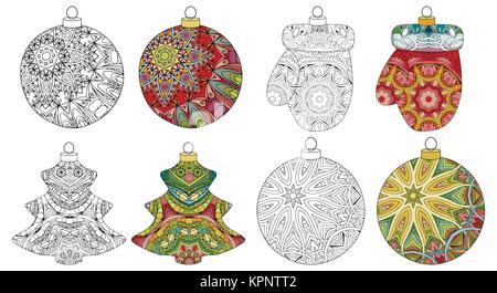 Ensemble de décorations de Noël stylisé zentangle. Illustration vecteur de dentelle à la main. Des balles pour colorier et spécimen peint Illustration de Vecteur