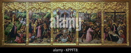 Prédelle avec cinq scènes de la passion du Christ de Juan Rexach Reixach (1431-1482) peintre et miniaturiste espagnol. Banque D'Images