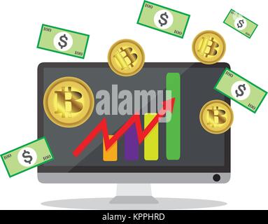 Concept de croissance Bitcoin Paiement et commerce sur ordinateur Bitcoin illustration du revenu du symbole des piles de pièces d'or comme le revenu graphique avec bitcoinVector mauvais Illustration de Vecteur