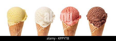 Assorted ice cream cones bannière avec chocolat, vanille, mangue et fraise ice.cream boules ou scoops sur fond blanc comme matériau de construction pour les concepts d'été Banque D'Images