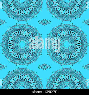 Arrière-plan géométrique abstrait sans couture. Cercles ornés réguliers et motif losanges gris clair avec contours noirs sur turquoise. Banque D'Images