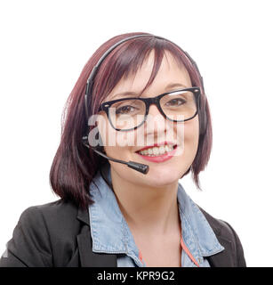 Close-up portrait of smiling young woman with headset Banque D'Images