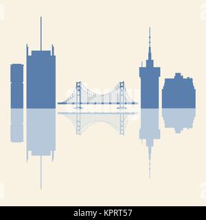 Silhouettes de Golden Gate, pont suspendu et bâtiments modernes aux ETATS UNIS. De grands bâtiments, des gratte-ciel et le pont. Illustration de Vecteur