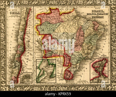 Carte Physique du Brésil, l'Amazone et ses affluents-1886 Banque D'Images