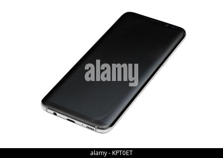 Noir nouveau smart phone isolé sur fond blanc immersive. Samsung S8 smartphone Android. Banque D'Images