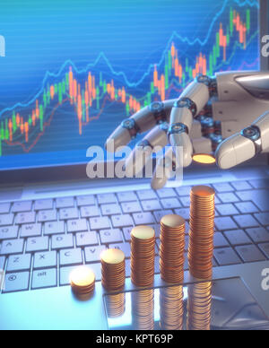 Image 3D concept de logiciel (Robot Trading System) utilisés dans le marché des actions qui fournit automatiquement les transactions à un échange sans aucune intervention humaine. Un robot part à compter de l'argent sous forme de graphique à la hausse. Profondeur de champ à l'accent sur la pièce d'or sur les doigts. Banque D'Images