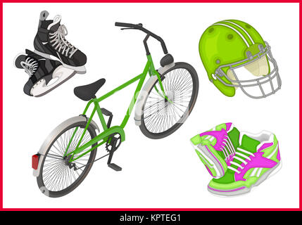 Ensemble d'équipement Spert télévision isométrique vector illustrations 3d - Patins à glace, location, les espadrilles pour la course, le football rugby casque. Banque D'Images