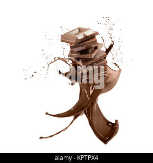 Splash autour de chocolat liquide pile de blocs de chocolat, isolated on white Banque D'Images