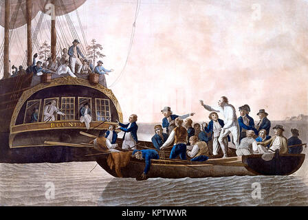 Mutinerie sur le Bounty, Fletcher Christian et les mutins à son tour le Lieutenant William Bligh et 18 autres à la dérive. La mutinerie sur le navire de la Royal Navy HMS Bounty a eu lieu dans le Pacifique Sud le 28 avril 1789. Banque D'Images