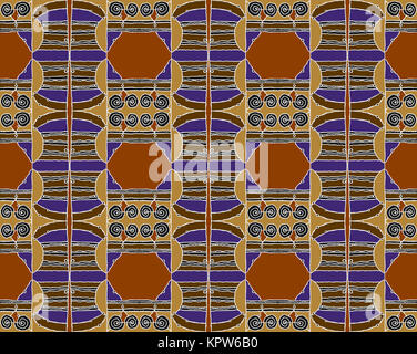 Géométrique abstrait arrière-plan transparent, le dessin. Hexagone régulier et configuration en spirale avec des lignes ondulées dans les tons marron et noir avec éléments violet et blanc donne un aperçu. Banque D'Images