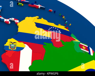 La Colombie et le Venezuela sur globe avec des drapeaux Banque D'Images