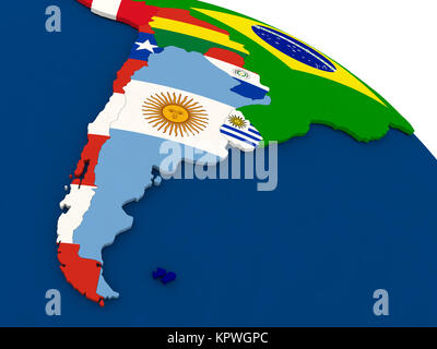 L'Argentine et le Chili le globe avec des drapeaux Banque D'Images