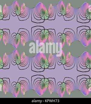 Abstract background transparent géométrique. Spirale régulière horizontalement dans des tons pourpre violet, rose et vert pâle et des éléments des lignes ondulées en noir, orné et rêveur. Banque D'Images