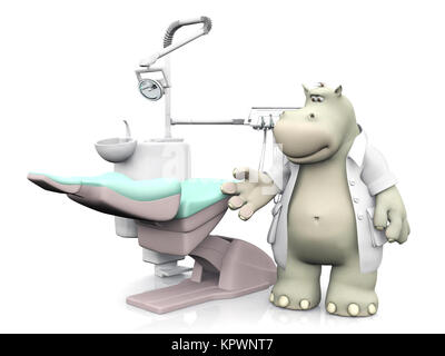 D'un rendu 3D cartoon smiling hippo dentiste montrant fauteuil dentaire. Banque D'Images