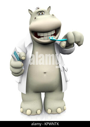 Le rendu 3D d'un cartoon hippo dentiste se brosser les dents. Banque D'Images