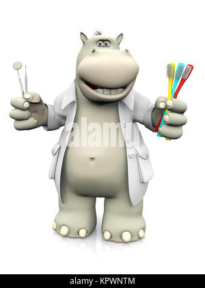 Le rendu 3D d'un cartoon hippo dentiste holding brosses à dents. Banque D'Images