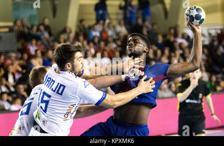 Leon, Espagne. 17 Décembre, 2017. Dika Mem (FC Barcelone) en action couverts par Juan Jose' 'Juanjo Fernandez (Ademar Leon) au cours de la match de hand de final de Coupe Asobal espagnole 2017-2018 entre le FC Barcelone et Lassa Ademar Leon au centre de sports le 17 décembre 2017 à León, Espagne. ©david Gato/Alamy Live News Banque D'Images