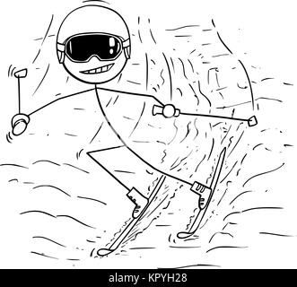 Cartoon stick man dessin illustration de ski homme en pente dans le froid d'hiver. Illustration de Vecteur