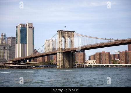 NEW YORK, États-Unis - 27 août 2017 : vue sur le pont de Brooklyn à New York. Il a été ouvert à 1883 et est l'un des plus anciens ponts de la route aux États-Unis. Banque D'Images