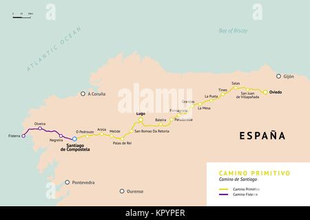 Camino Primitivo carte. Itinéraire original de Oviedo. Camino de Santiago ou le chemin de St James. Ancien chemin de pèlerinage de Saint-Jacques de Compostelle sur la Illustration de Vecteur