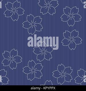 Ornement de broderie traditionnelle japonaise avec sakura en fleurs fleurs. Modèle sans couture. Sashiko - motif fleurs de cerisier en fleurs. Décor floral. Nee Illustration de Vecteur