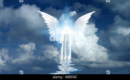 La figure en manteau blanc se trouve sur la surface de l'eau. Winged star en ciel nuageux. Le rendu 3D Banque D'Images