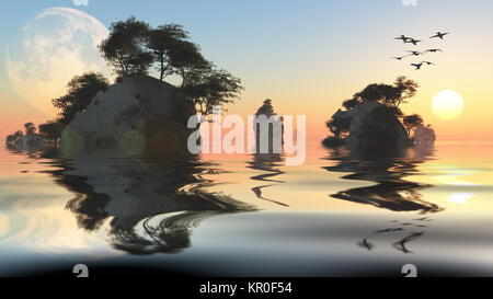 Le lever du soleil ou défini avec lune et îlots rocheux. Le rendu 3D Banque D'Images