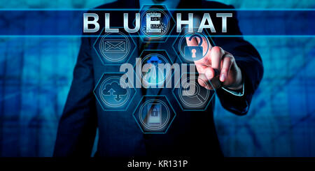 Ingénieur logiciel Blue Chip appuyant sur BLUE HAT Banque D'Images