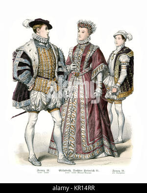 Costumes de France 16ème siècle, François II, Elizabeth, fille de Henri II, François II et costume de Dauphin. Banque D'Images