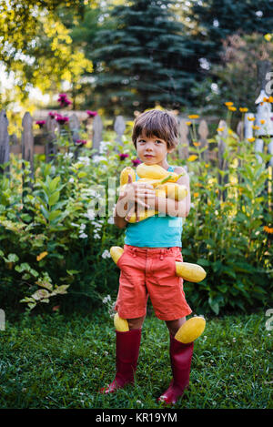 Boy carrying fresh récolte de courgettes Banque D'Images