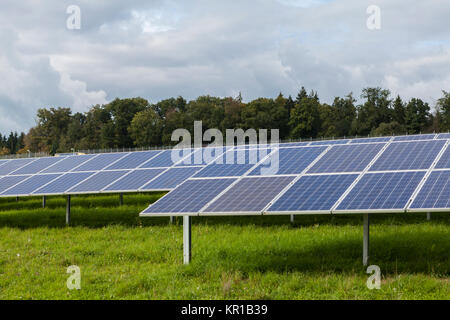 Cellules solaires dans une ferme solaire sur le pré vert Banque D'Images
