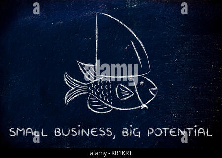 Les poissons de petite taille portant un fake shark fin, concept d'avoir un énorme potentiel Banque D'Images