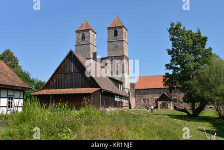 Farmer's sur terre ferme nouvellement défrichées, cathédrale, musée en plein air, Vessra, Thuringe, Allemagne, Neubauerngehoeft, Klosterkirche, Freilichtmuseum, Thuering Banque D'Images