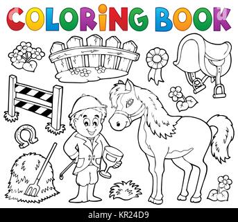 Livre de coloriage cheval et jockey thématiques Banque D'Images