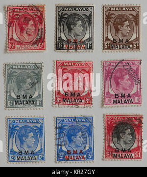 Timbres d'ancienne colonie britannique Malaya Malaya BMA surimpression avec Banque D'Images