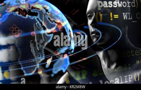 La communication et l'informatique l'intelligence artificielle (IA) en sécurité informatique , technologie réseau cybercriminalité virus hacker concept. Le Rendu 3D d'un robot Banque D'Images