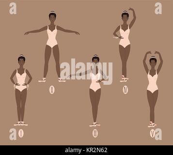 Young african american woman dancer en points montre les cinq positions de base de ballet, démontrant l'emplacement correct des bras, jambes et pieds. Femal Illustration de Vecteur