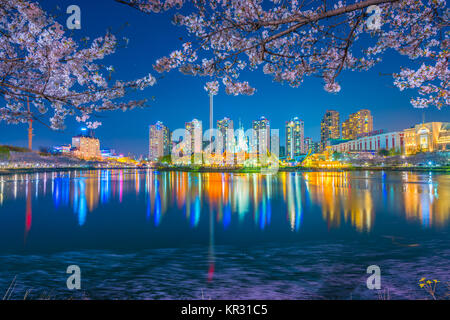 Séoul, Corée - 7 avril, 2016 : Lotte World Seokchon Lake Parc de nuit et de cerisiers en fleurs du printemps à Séoul, Corée du Sud le 7 avril 2016 Banque D'Images