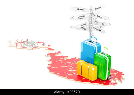 Concept de voyage malte. Plan avec valises et signpost, rendu 3D Banque D'Images