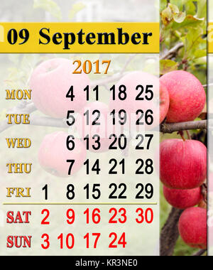 Calendrier pour l'année 2017 Septembre aux pommes Banque D'Images