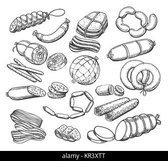 Croquis de saucisses. La viande et saucisses Vintage doodles vecteur alimentaire, jambon et salami, pepperoni et saucisses hand drawn vector illustration Illustration de Vecteur