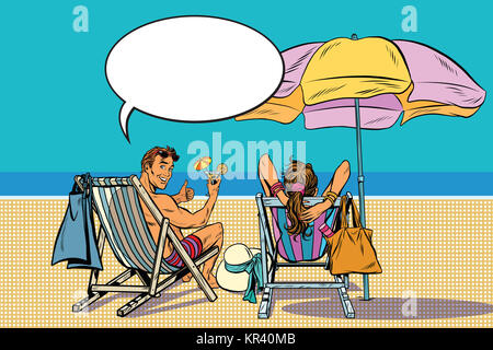 Beautiful couple homme et femme se reposant sur la plage Banque D'Images