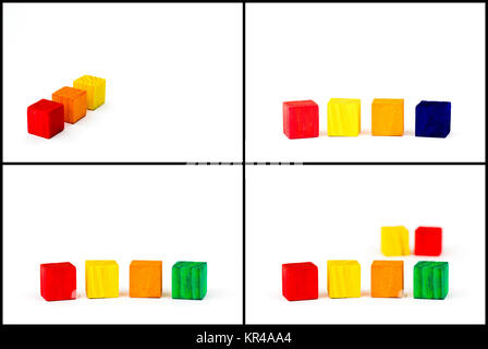 Collage photo jouet avec des blocs de couleur en bois isolé sur fond blanc Banque D'Images