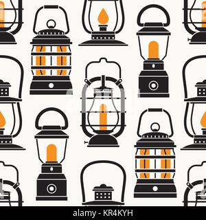 Lanternes Vintage pattern en monochrome. Les différentes lampes à huile et lanternes retro seamless background dans contour style. Illustration de Vecteur