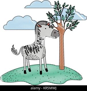 Zebra cartoon dans une scène avec arbre et nuages dans crayon de couleur d'ossature Illustration de Vecteur